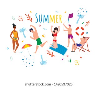 Greeting Summer Banner with Happy Jumping People. Male and Female Tourists Satisfied with Rest on Sunny Tropical Beach. Woman and Man Having Fun. Vector Flat Illustration on Transparent Backdrop