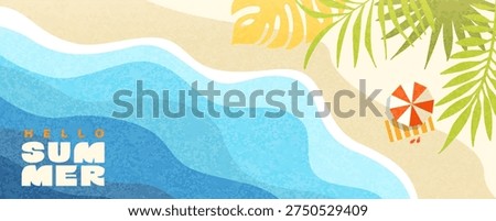 Greeting summer horizontal banner.Wavy sea, beach with sand, beach umbrella for great holiday. Happy summer textured theme. Bright positive vibe design. Template for sales, posters, covers, ads.Vector