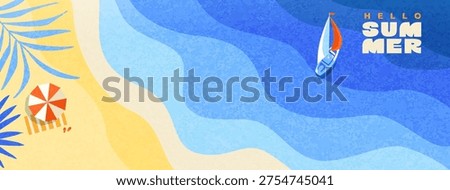 Greeting summer textured banner. Wavy sea, beach with sand, yacht for great holiday. Happy summer theme. Bright positive vibe design. Template for sales, posters, covers, ads. Vector illustration.