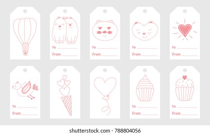  Greeting tags with cute hand drawn elements for Valentine's Day.Set of holiday stamps, tags, badge ,pins, stickers, greeting cards, templates.Vector seasonal design.Heart ,sweets and cute characters