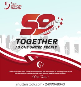 Greeting Template of 59th Singapore National Day August 2024 with 59 Logo, 9 logo, Quotes and City Landscape. Singapura Merdeka 9 Agustus 2024 meaning Independence Day of Singapore 9th August 2024.