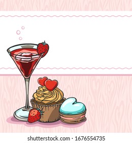 Plantilla de saludo con cóctel, quequito y macaron. Diseño del día de San Valentín.