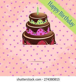 Greeting template with colored birthday cake in a pocket on a grunge background for your greeting card, invite or other your design