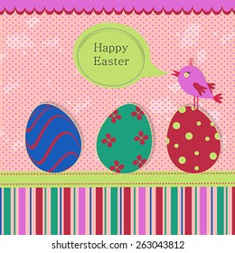Greeting template with colored eggs and bird on a spotted grunge background for your greeting card, invite or other your design