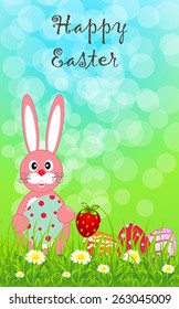 Greeting template with colored eggs and pretty rabbit on a colored background for your greeting card, invite or other your design