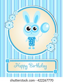 greeting template cute children's birthday, rabbit, bunny, blue for a boy