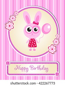 greeting template cute children's birthday, rabbit, bunny, pink for girls