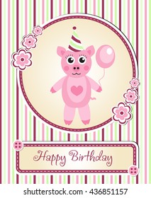 greeting template cute children's birthday party, cartoon pig
