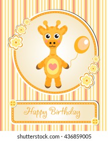 greeting template cute children's birthday party, cartoon giraffe