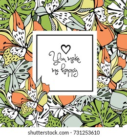Greeting template with monstera leafs and lily.