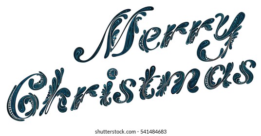 Greeting text for Christmas 2017. Vector inscription with patterns blue