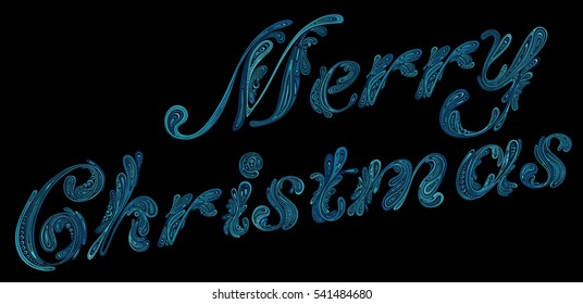 Greeting text for Christmas. Vector calligraphic inscription blue
