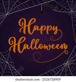 Greeting text for Halloween.Vector illustration with spiders, web and text on colored background for Halloween.