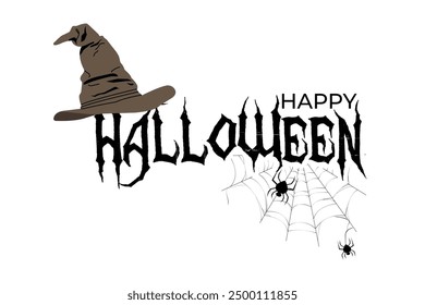 Feliz Halloween sobre un fondo blanco. Un susto aterrador que cuelga en el borde del texto, un Web con arañas debajo del texto. Se puede utilizar para el Web o como un Anuncio o cartel