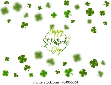 Greeting text logo. Isolated white vector illustration. Greeting happy St. Patricks day holiday. Green clover random size falling shimmer transparent background. Irish sign and symbol happy luck.
