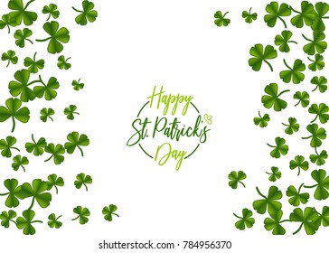 Greeting text logo. Isolated white vector illustration. Greeting happy St. Patricks day holiday. Green clover random size falling shimmer transparent background. Irish sign and symbol happy luck.