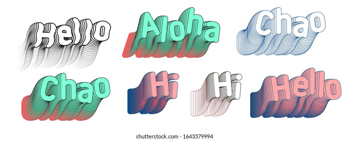 Greeting text in motion with Hello, Aloha, Chao, Hi word set. Retro font with black line lettering in geeky design. Vintage web letter elements for postcard. White isolated stock vector illustration