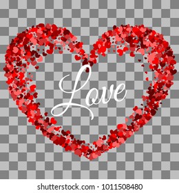 Greeting text. Shape red heart. Vector illustration Valentines Day background. Love random falling paper confetti. Shimmer hearts. Frame decoration design Valentine holiday. Origami decoration.