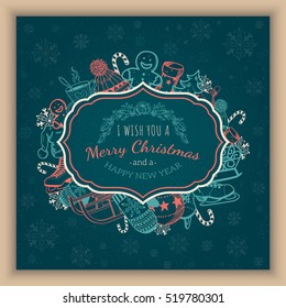 Greeting text and sketch decorations. Christmas and New year card template. Vector vintage background.