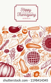 Greeting Thanksgiving card in vintage style. Happy Thanksgiving Day design template. Vector hand drawn illustrations. Banner with harvest, vegetables, pastry, bakery. Autumn background.
