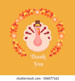 Greeting  Thanksgiving. Turkey wearing a hat is inside the flower wreaths, which is made up of autumn leaves and flowers, cranberry