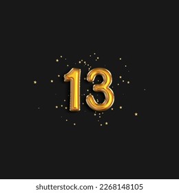 Greeting thirteen years anniversary celebration. Birthday number 13 gold foil balloons. Anniversary sign for happy holiday, celebration, birthday. Golden numbers with sparkling confetti star.