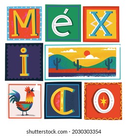 Greeting travel card with traditional symbols of Mexico and letters decorated in classic Mexican style. Vector illustration