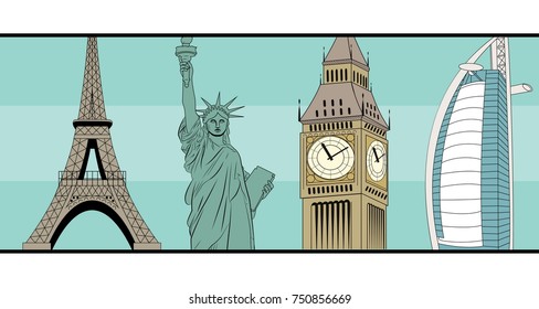 Greeting travel historic destination sights card template. Famouse big cities places and monuments landscape.