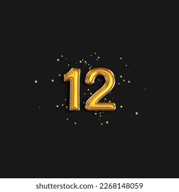 Greeting twelve years anniversary celebration. Birthday number 12 gold foil balloons. Anniversary sign for happy holiday, celebration, birthday. Golden numbers with sparkling confetti star.