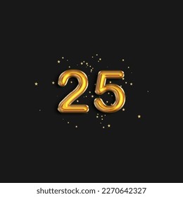 Greeting twenty five years anniversary celebration. Birthday number 25 gold foil balloons. Anniversary sign for happy holiday, celebration, birthday. Golden numbers with sparkling confetti star.