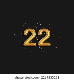 Greeting twenty two years anniversary celebration. Birthday number 22 gold foil balloons. Anniversary sign for happy holiday, celebration, birthday. Golden numbers with sparkling confetti star.