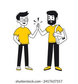 Greeting two guys giving high fives. Partnership, success, brotherhood, sexual minorities, teamwork. Isolated cartoon flat linear black and yellow illustration on white background