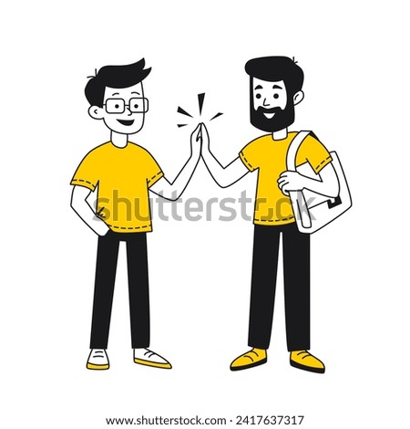 Greeting two guys giving high fives. Partnership, success, brotherhood, sexual minorities, teamwork. Isolated cartoon flat linear black and yellow illustration on white background