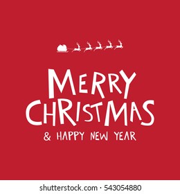 greeting typography of Merry Christmas text and Santa Sleigh flying over on a red background