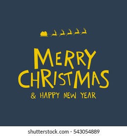 greeting typography of Merry Christmas text and Santa Sleigh flying over on a dark background