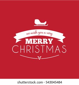 greeting typography of white text of Merry Christmas on a red background and silhouette of Santa sleigh on top of it