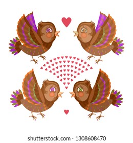 Greeting Valentine Day card of vector cartoon little flying sparrow birds isolated on a white background with red small hearts. Funny Wallpaper décor, children print, wedding invitation