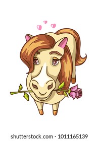 Greeting valentine's day card with beige pony with shiny hair and pink rose in her mouse