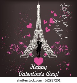 Greeting Valentines Day card with Eiffel tower couple and hearts love is in the air