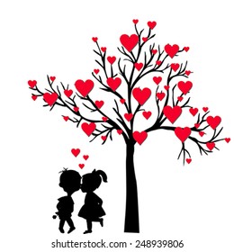 Greeting Valentine's Day card with tree of hearts and kids kissing