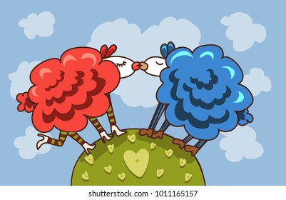 Greeting valentine's day card with two sheeps who falling in love and kissing on the top of the green hill among clouds
