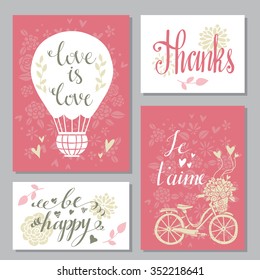 Greeting valentines day cards set. Wedding invitation design with hand drawn text