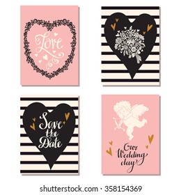 Greeting valentines day, love cards set. Wedding invitation design with hand drawn text