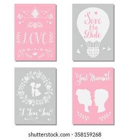 Greeting valentines day, love cards set. Wedding invitation design with hand drawn text