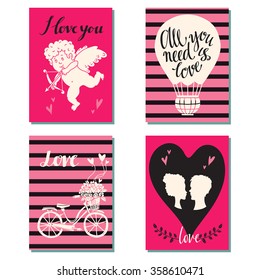 Greeting valentines day, love cards set. Wedding invitation design with hand drawn text