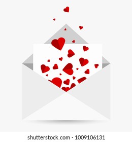 Greeting Valentine's Day open envelope with random flying paper hearts. White paper card for celebration Valentine`s day, Mother`s day, for wedding invitation and etc.