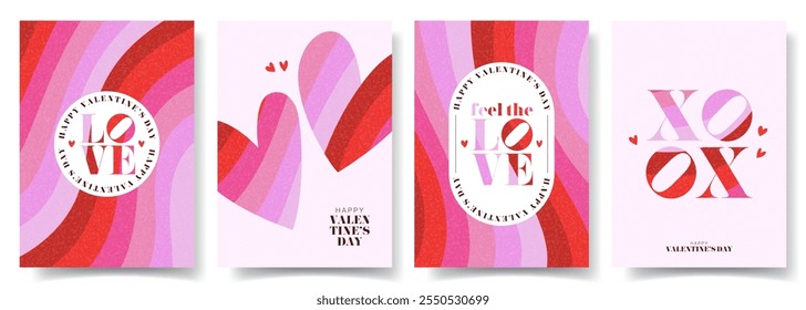 Greeting Valentine's Day posters. Concept of modern typographic design with bright wavy pattern. Vector minimalist posters for Valentine's Day party, banner, ads, branding, cover, sale, social media.