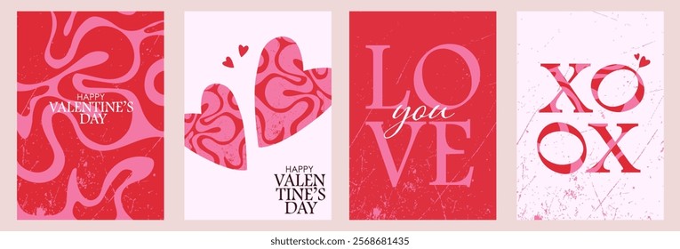 Greeting Valentine's Day posters. Concept of modern typographic design with bright wavy pattern. Vector minimalist posters for Valentine's Day party, banner, ads, branding, cover, sale, social media.