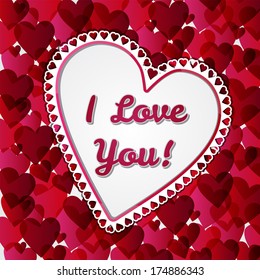 Greeting Valentines days card with red and pink hearts