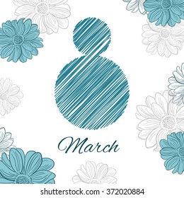 Greeting vector card with 8 March and blue flowers on white background.